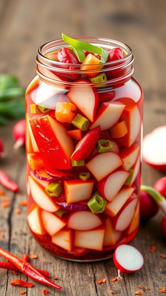 A jar of vegan kimchi showcasing napa cabbage, radishes, and green onions, with red pepper flakes.